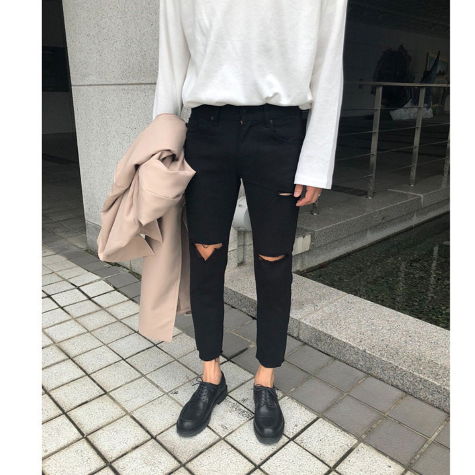 [Tiền Nào Của Đấy]Quần Jean Nam Rách Gối Màu Đen Vải Không Phai Màu, Co Giãn 4 Chiều Skinny Phong Cách Hàn Quốc-J07