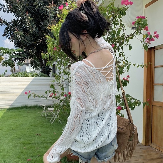 Áo dệt kim ZHELIHANGFEI tay dài dáng rộng chống nắng thời trang đi biển trẻ trung