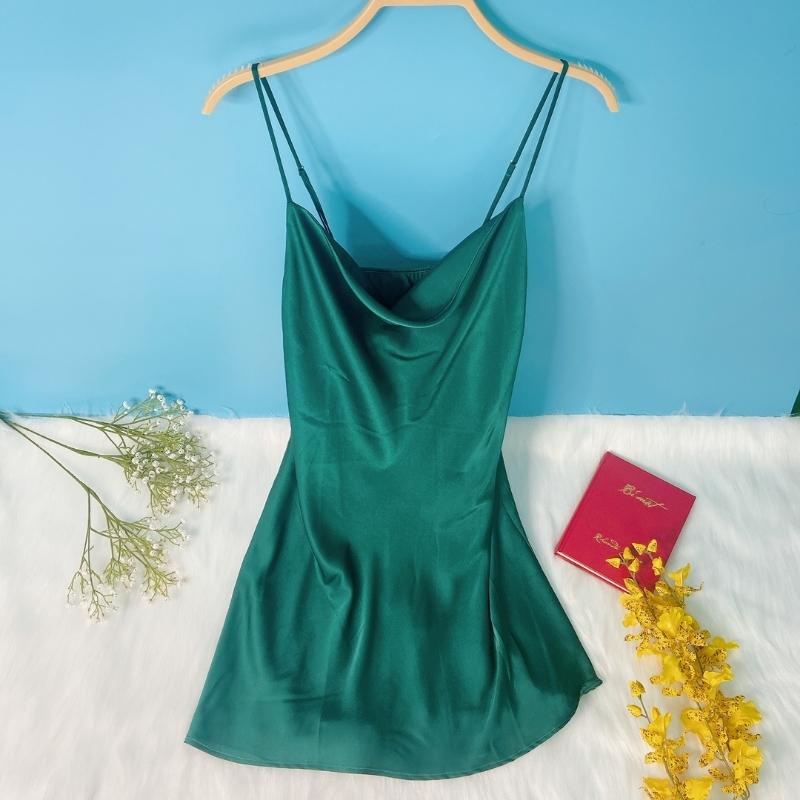 Váy Ngủ Hai Dây Nữ VILADY chất liệu Lụa Pháp Cao Cấp Thiết Kế Cổ Đổ Sang Chảnh Màu Xanh rêu Sexy Quyến Rũ V116