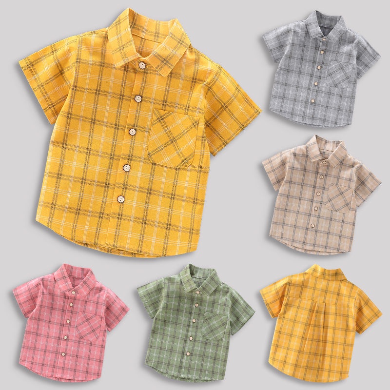 Áo Sơ Mi Tay Ngắn Họa Tiết Sọc Caro Thiết Kế Mới Thời Trang Mùa Hè Theo Phong Cách Hàn Quốc Dành Cho Bé Trai