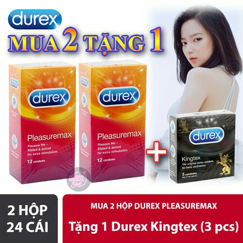 [Combo 2 Hộp] Bao Cao Su Gân Gai Kéo Dài Thời Gian Durex PLEASUREMAX 24 bao - Tặng 1 Hộp BCS Siêu Mỏng KINGTEX 3 bao