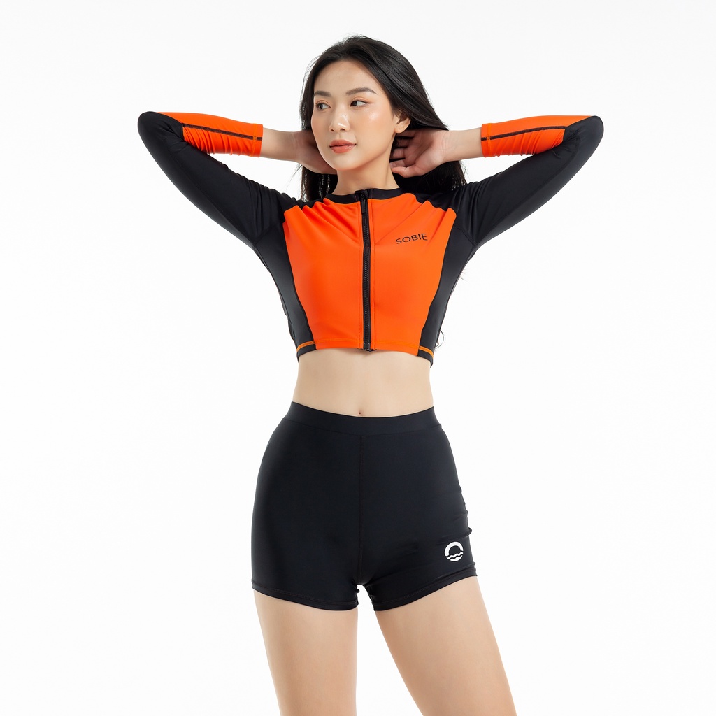 Áo Bơi Nữ Croptop Khóa Kéo Tay Dài - Black Orange Sobie