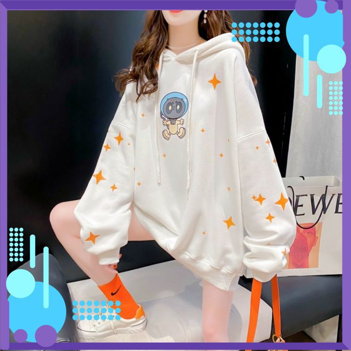 Áo Khoác Nữ Hoodie Nỉ Lyn House In Hình Phi Hành Gia Form Rộng Unisex Có 3 Màu Đen Trắng Xanh