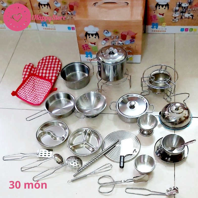 ( SLN 3 ) ( SLN 3 ) [Hàng Đẹp] Bộ Đồ Chơi Nấu Ăn THẬT Bằng Inox Cho Bé Gái, Bé Trai 30 Món Mini- iHappyStore ( HOT 2 )