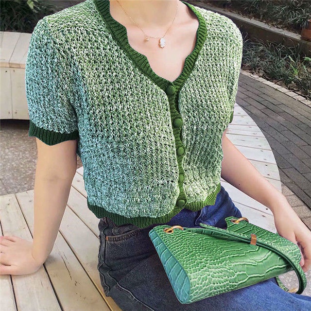 Áo Cardigan Dệt Kim Mỏng Tay Ngắn Cổ Chữ V Dáng Rộng Màu Sắc Thời Trang Dành Cho Nữ
