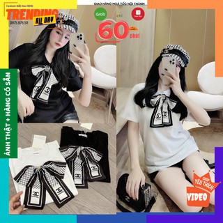 [FREESHIP] Áo thun nữ phối nơ ngực sang chảnh. Áo phông nữ hai màu đen trắng. Hoạ tiết nơ ngực có 2 lựa chọn..