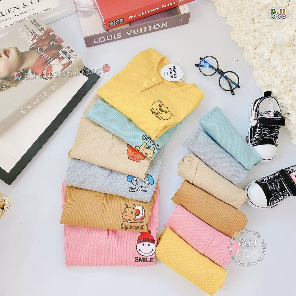 Quần Áo Len Tăm Cho Bé, Bộ Thun Len Dài Tay Minky Mom Thu Đông Khuy Giữa Bé Trai Bé Gái