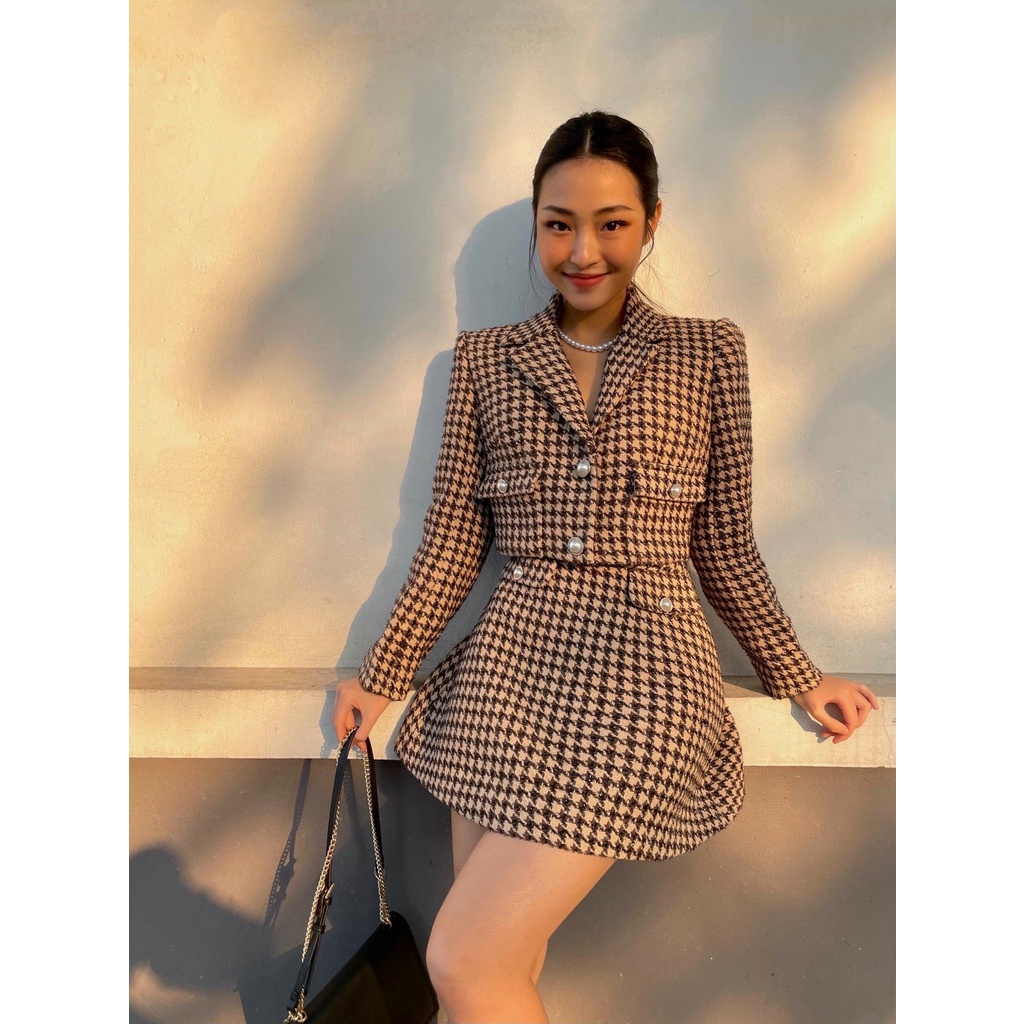 Set áo khoác tweet kẻ nâu tây và chân váy HUONG BOUTIQUE HBVEST138