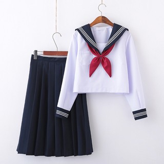 Seifuku/ Set váy đồng phục học sinh Nhật Bản xanh than: áo cổ thủy thủ kẻ sọc + nơ đuôi cá + chân váy