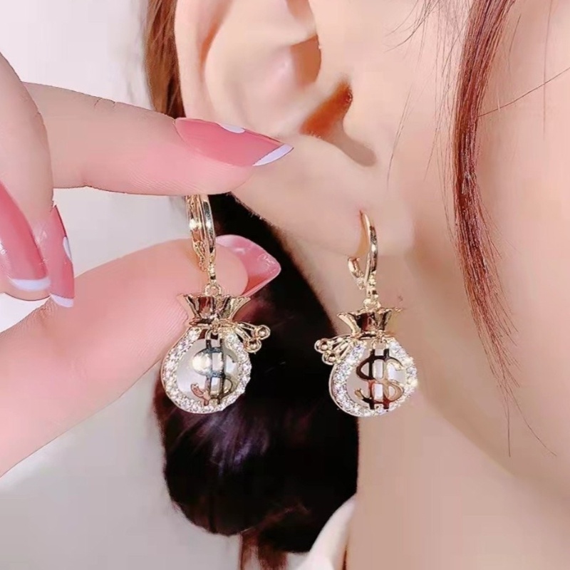Khuyên Tai Tròn Đính Đá Lấp Lánh Hình Túi Tiền May Mắn Phong Cách Hàn Quốc