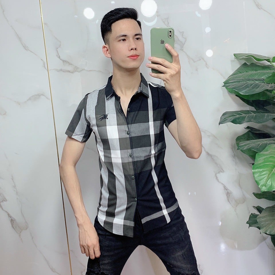 Áo sơ mi bbr nam tay ngắn kẻ nhiều màu caro chất liệu cotton thoáng mát
