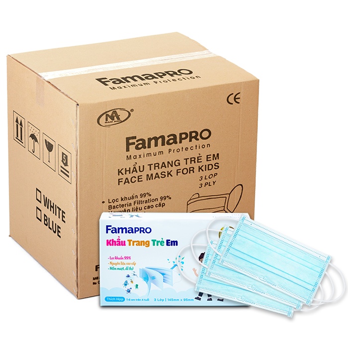 Thùng 50 hộp Famapro max kids trẻ em từ 4-10 tuổi Khẩu trang y tế kháng khuẩn 3 lớp (50 cái/hộp)