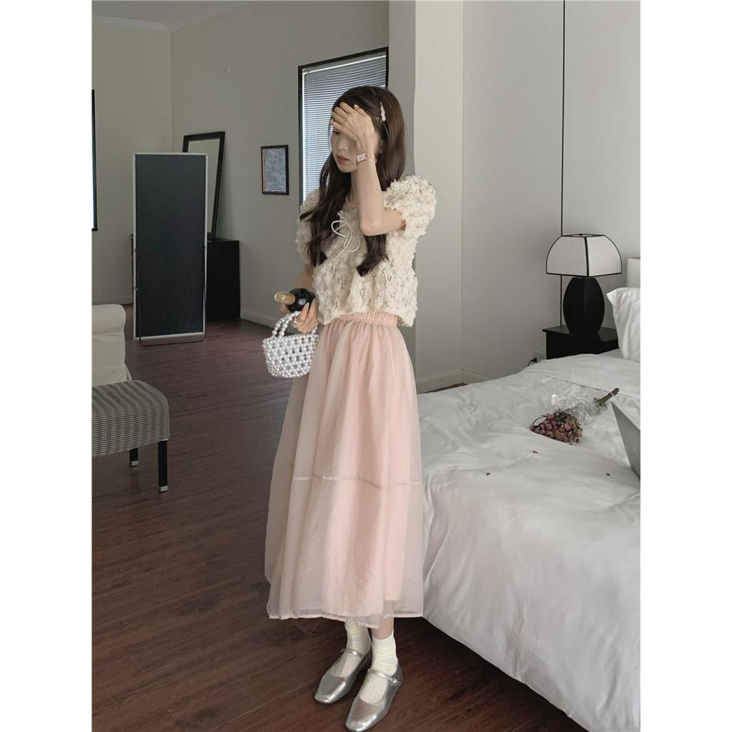 Set Áo Hoa Phối Chân Váy Lưới Ba Chiều 51413