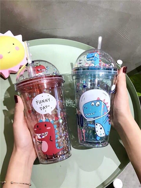 Cốc nước khủng long lấp lánh kèm ống hút siêu dễ thương - hàng loại1
