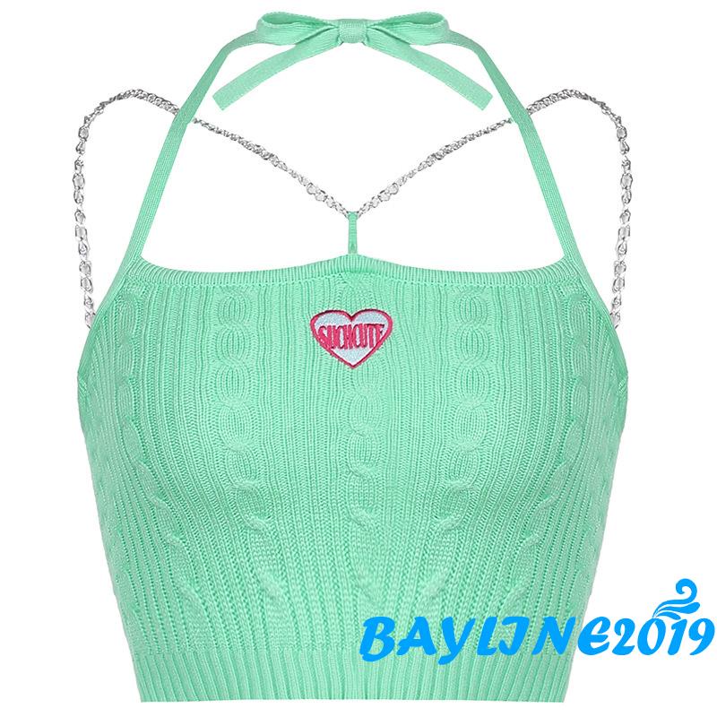 Áo Croptop Dệt Kim Không Tay Thêu Họa Tiết Trái Tim Thời Trang Mùa Hè Dành Cho Nữ