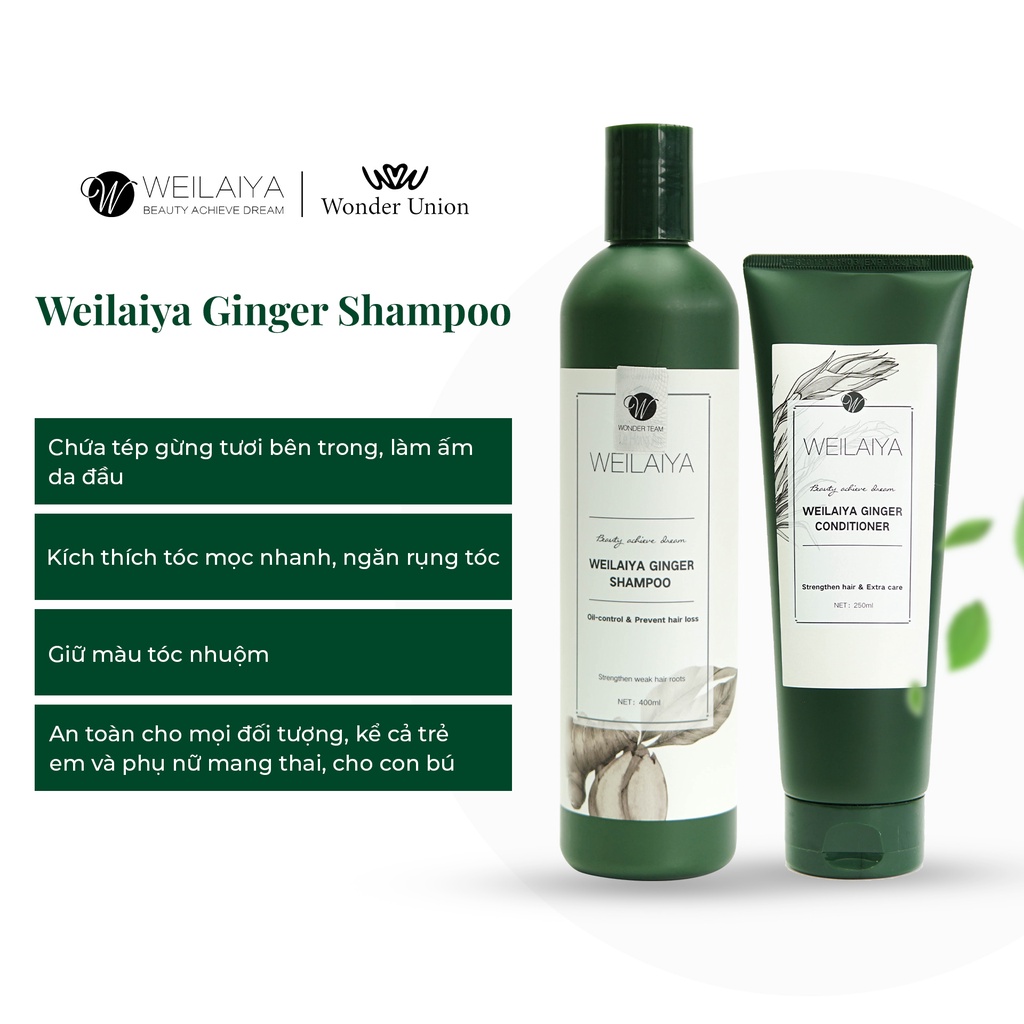 Cặp dầu gội đầu và dầu xả tóc thảo dược Weilaiya gừng trắng giúp ngăn rụng và kích thích mọc tóc