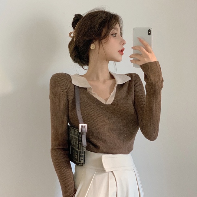 Cocory vn Áo len cổ chữ v tay dài dáng ôm phong cách retro thời trang dành cho nữ