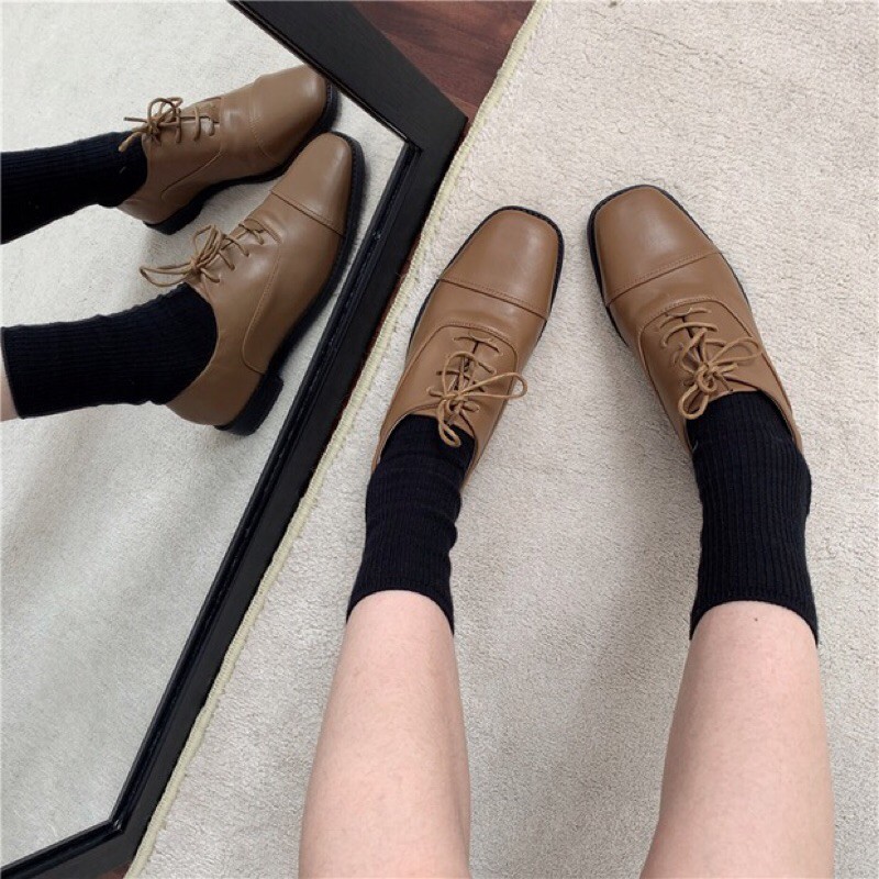Giày oxford buộc dây mũi vuông da lì mềm đen nâu kem vintage dễ phối đồ Hàn Quốc Yannie Lolita