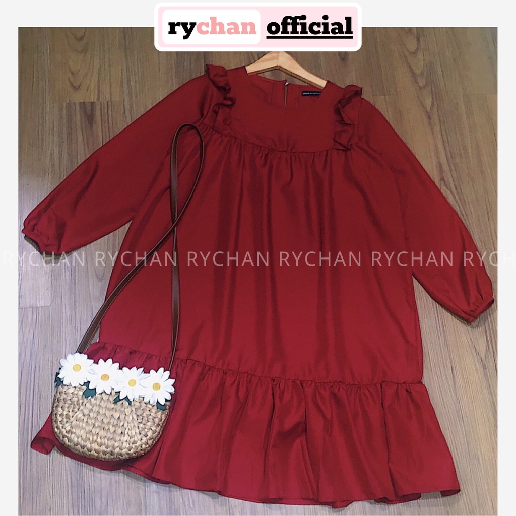 Đầm Đi Chơi Babydoll Đỏ Phối Bèo Đuôi Cá Tay Dài [ẢNH THẬT CUỐI] - DS688