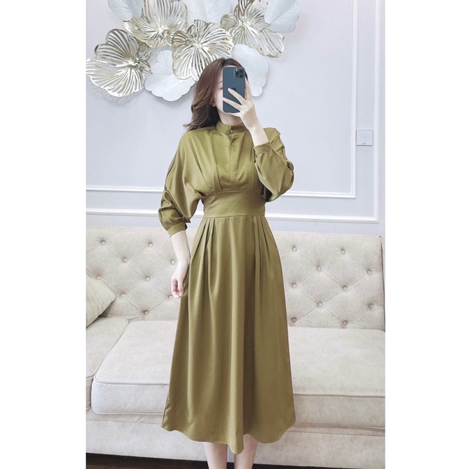 [Mã FAMARAL1 giảm 10K đơn 50K] Váy nâu vàng cổ tàu dáng dài | BigBuy360 - bigbuy360.vn