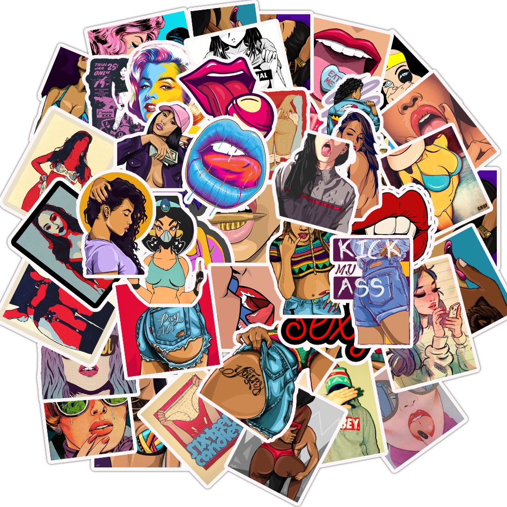 Bộ 50 Miếng Dán Chống Thấm Nước Hình Cô Gái Gợi Cảm Dùng Trang Trí Vali/Laptop/Điện Thoại