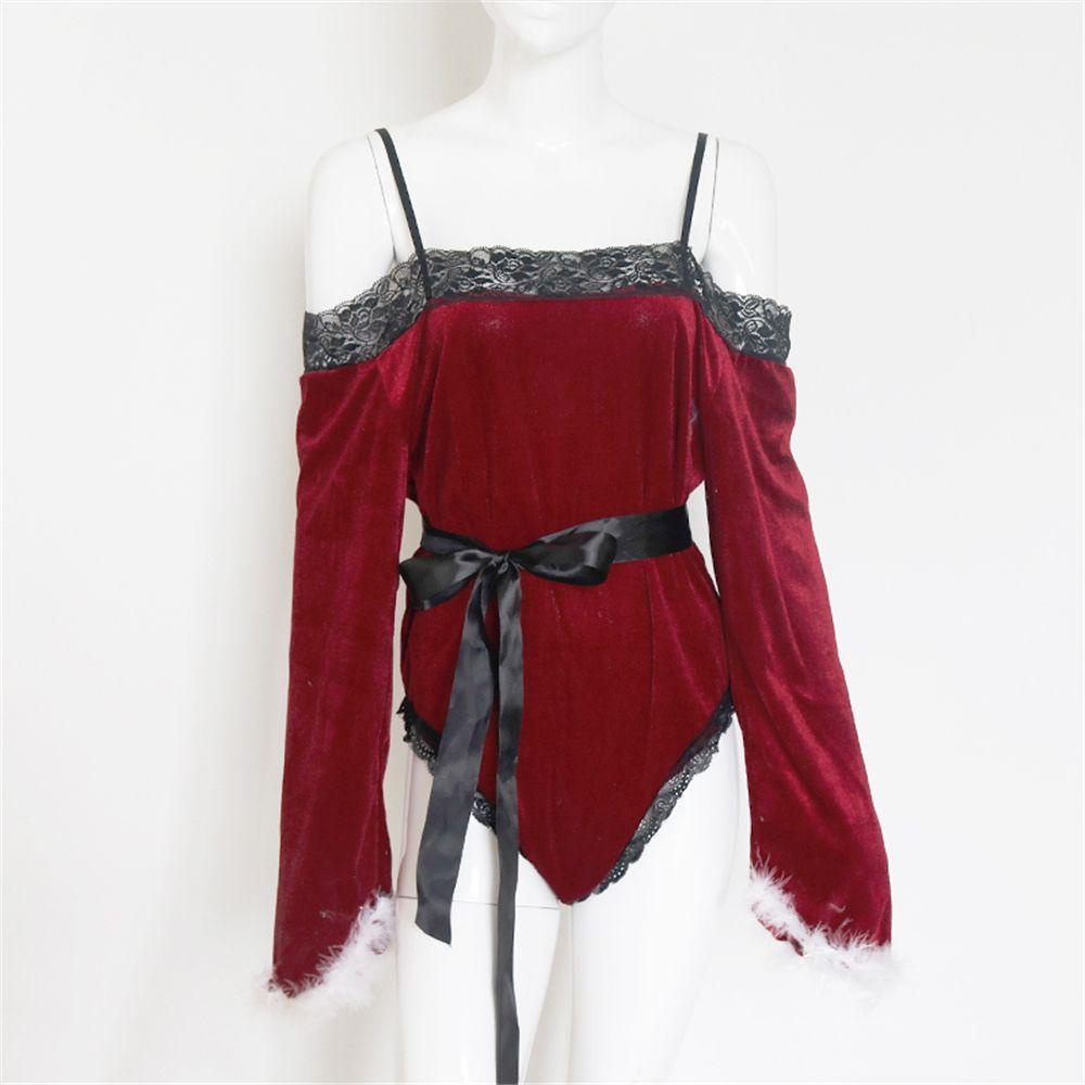 Bộ Đồ Ngủ Tay Dài Vải Nhung Phối Khóa Nơ Phong Cách Giáng Sinh Gợi Cảm