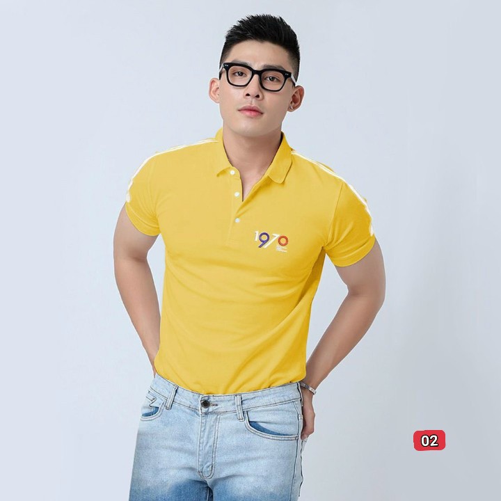 Áo thun nam có cổ tay ngắn thêu 1970 chất vảo thun cotton poly co giãn không nhăn phom suông - ATN50