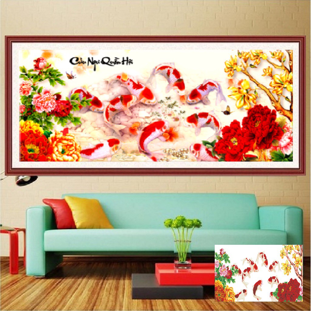 TRANH THÊU CHỮ THẬP CỬU NGƯ QUẦN HỘI LV3274 - KT 127*55CM