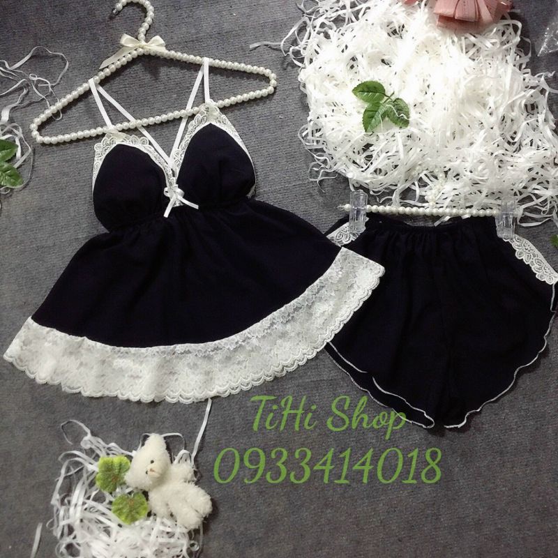 Bộ ngủ voan phối ren, dây chéo lưng (hàng như hình)