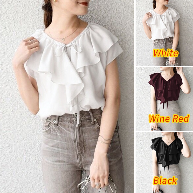 Áo kiểu ZANZEA ngắn tay cổ tròn màu trơn phối bèo thời trang cho nữ