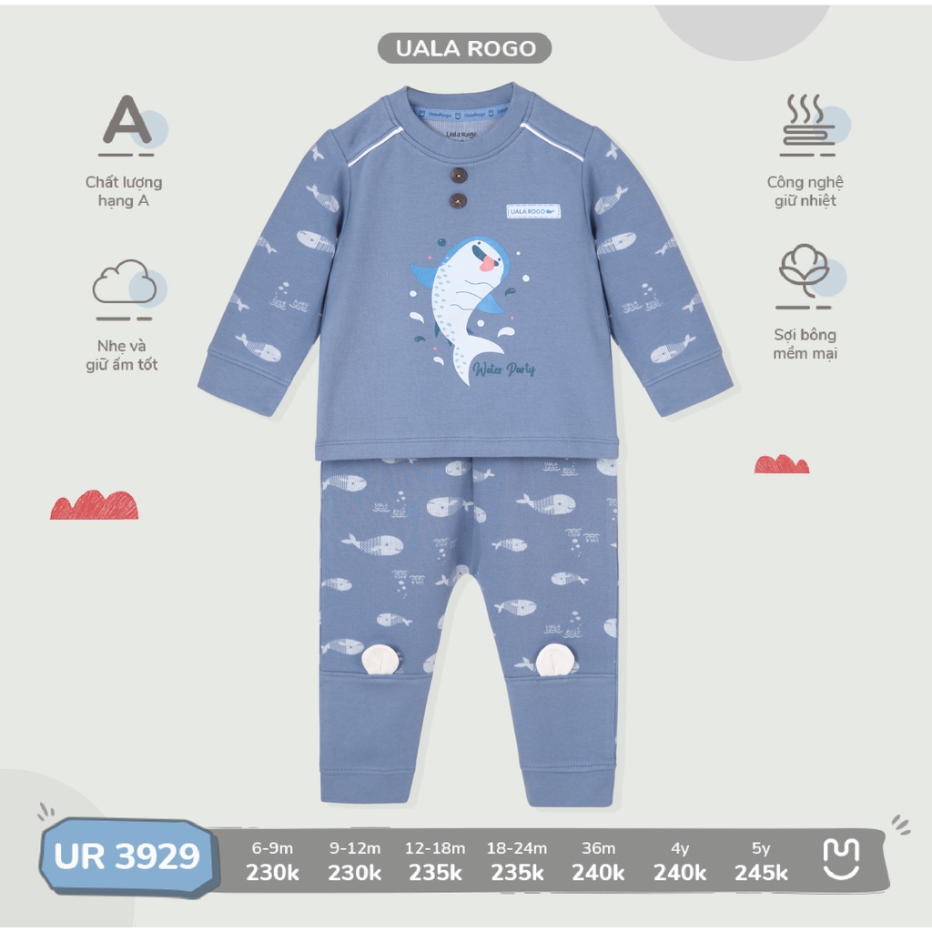 Bộ quần áo dài tay cho bé Ualarogo 6 tháng - 5 tuổi cotton nỉ baby shark cổ tròn bo ống giữ ấm 3929