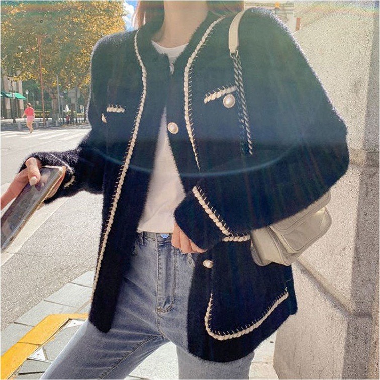 Áo khoác lông cừu đại hàn cổ tròn dày dặn ấp áp mặc đi Đà lạt Sa pa áo lông 4 túi viền dây dệt cúc ngọc