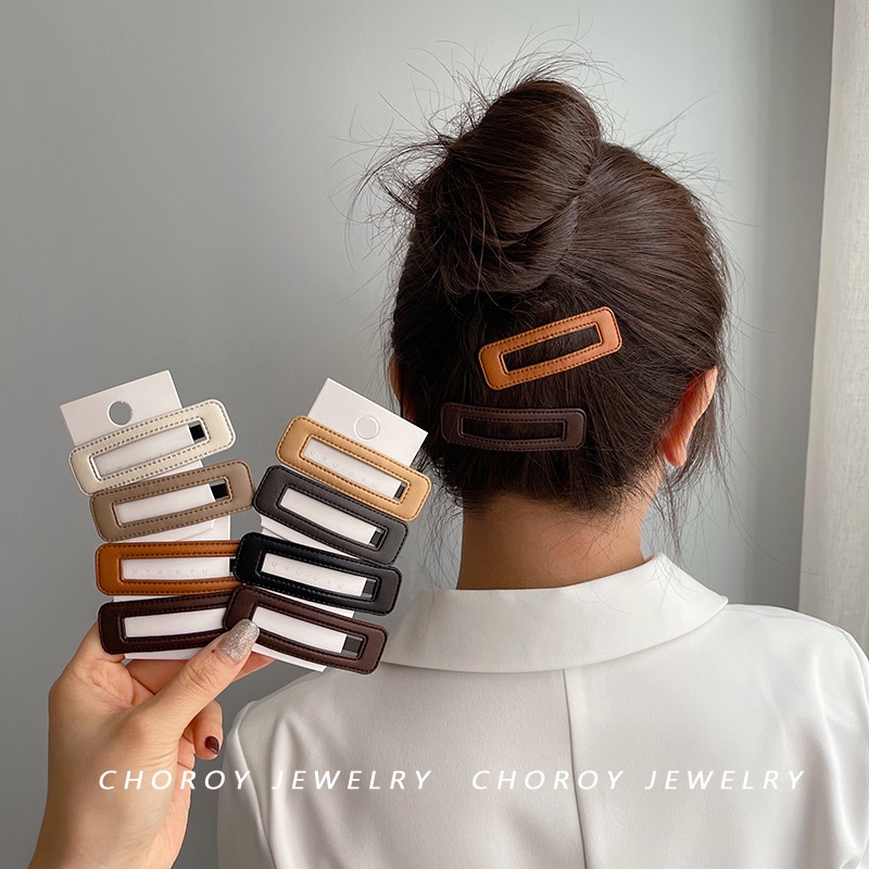 PK782 Kẹp tóc  dạng clip đen bọc da trơn màu phong cách tối giản theo phong cách Hàn Quốc