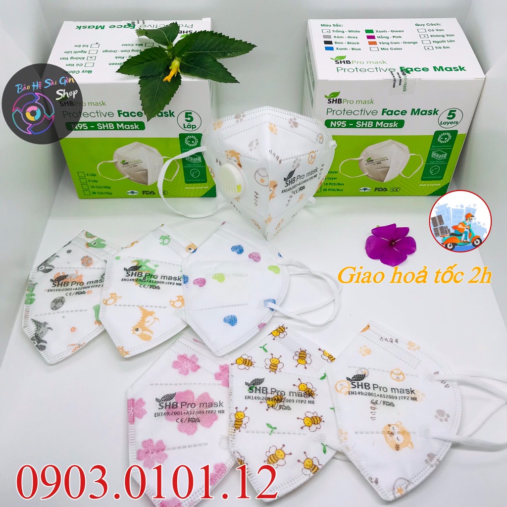 Khẩu trang n95 trẻ em có van thở SHB pro mask hộp 20 cái, Kn95 cho bé tái sử dụng được nhiều lần chuẩn FFP2