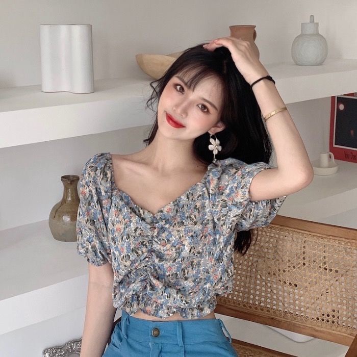 áo croptop nữ Tay Phồng Ngắn Họa Tiết Hoa Phong Cách Pháp Thời Trang Cho Nữ Áo Sơ Mi JL-TX-189 2022