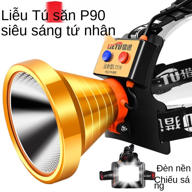 Đèn pha LED lõi tứ P90 ánh sáng mạnh có thể sạc lại câu cá ngoài trời đánh ban đêm vàng thợ mỏ gắn đầu thoát