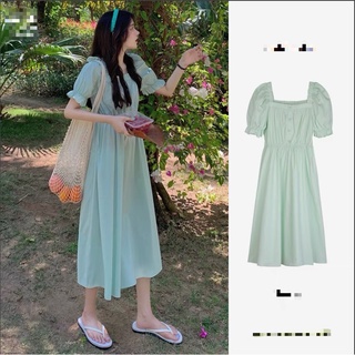 (ORDER) Váy MORAN cổ vuông tay phồng thon eo cài dọc khuy xòe dài màu xanh mùa hè tươi mát