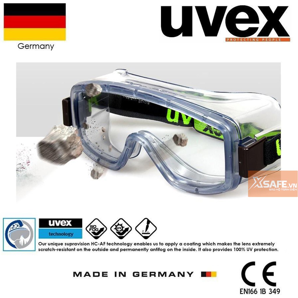Kính chống hóa chất Uvex 9405-714 Kính bảo hộ chống trầy xước đọng sương tia UV kính chống bụi nhập khẩu Đức