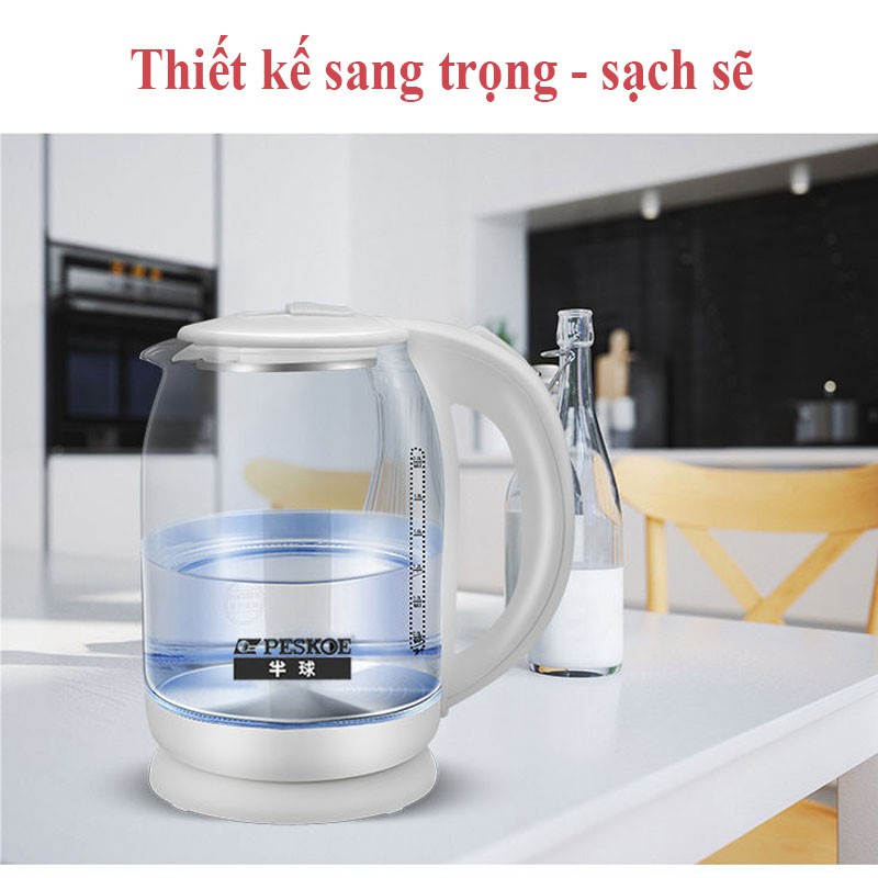 Ấm Siêu Tốc Thủy Tinh Ấm Đun nước Siêu Tốc PESKOE Dung Tích 2lít Đun Sôi Nhanh Chống Cháy Nổ Công Suất 1500W VT268