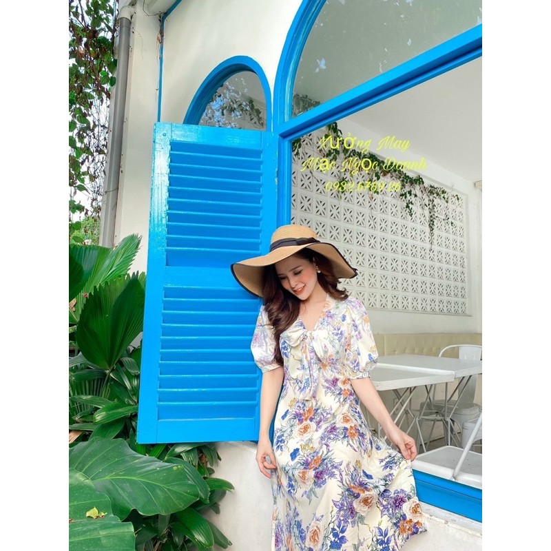 váy dài hoa nhí tay phồng thắt nơ dự tiệc