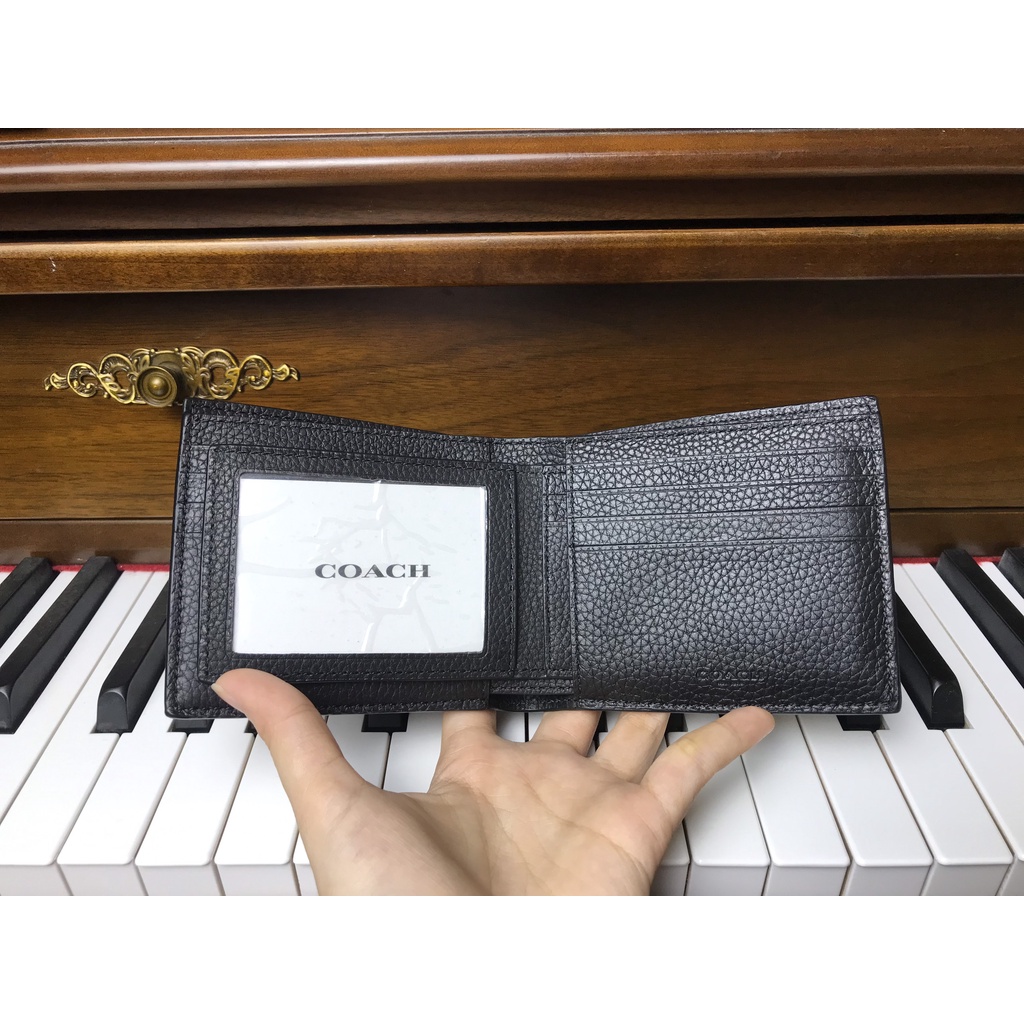 COACH DOUBLE BILLFOLD WALLET màu đen 3 sọc nâu xanh đen