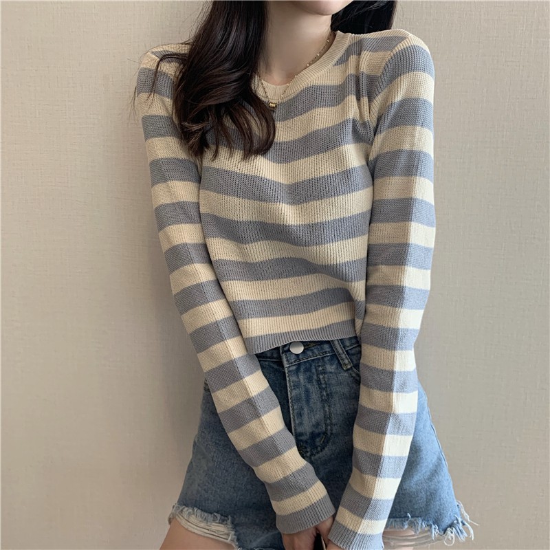 Áo Sweater Tay Dài Form Rộng Có Họa Tiết Sọc Ngang Trẻ Trung Cho Nữ