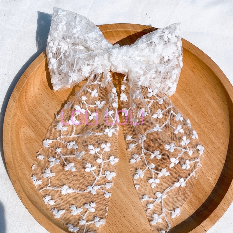 Kẹp tóc nơ ren đuôi dài phong cách cổ điển Loli. Kẹp có 3 nắc tăm giảm phù hợp với tóc ít, nhiều