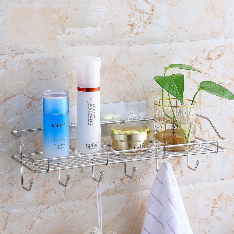 Kệ chữ nhật kèm 6 móc để đồ - treo khăn - Kệ để gia vị dán tường inox 304 ( HÀNG LOẠI 1 )