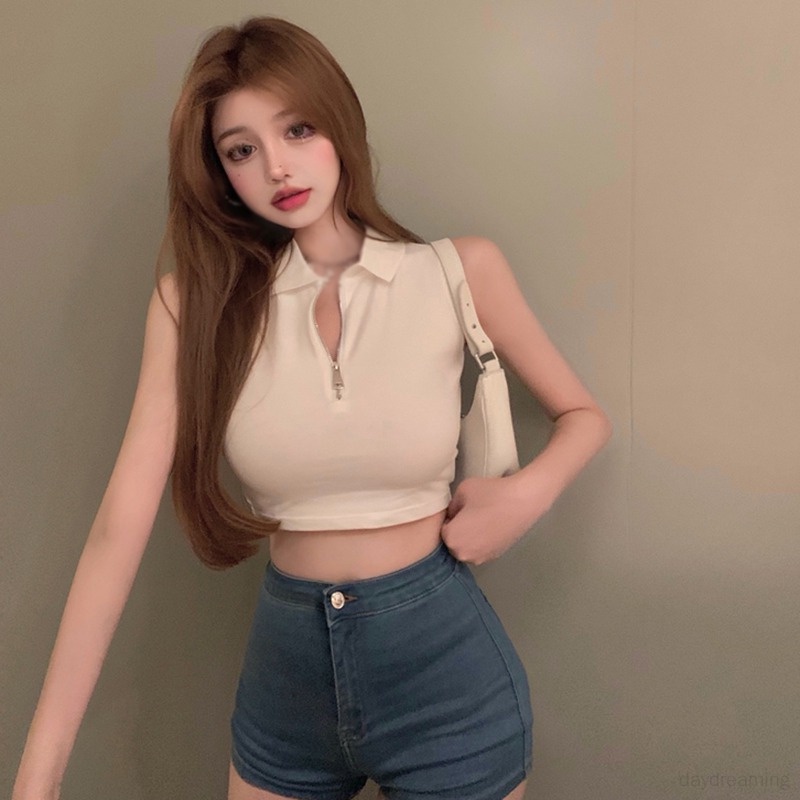 Áo Croptop Dệt Kim Sát Nách Phối Khóa Kéo Trước Thời Trang Mùa Hè Cho Nữ