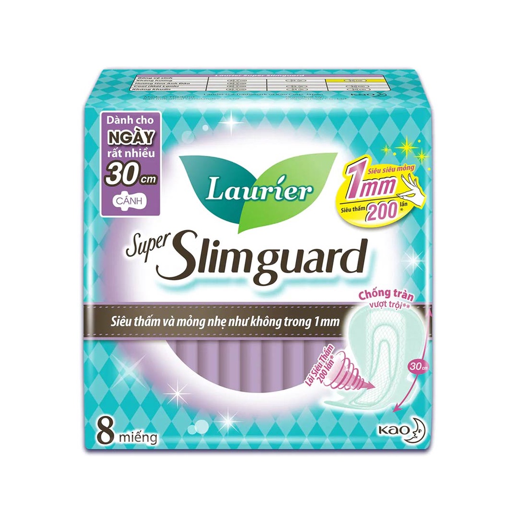 Băng Vệ Sinh Laurier Siêu Mỏng Bảo Vệ 1mm 30cm Super Slimguard 8 miếng