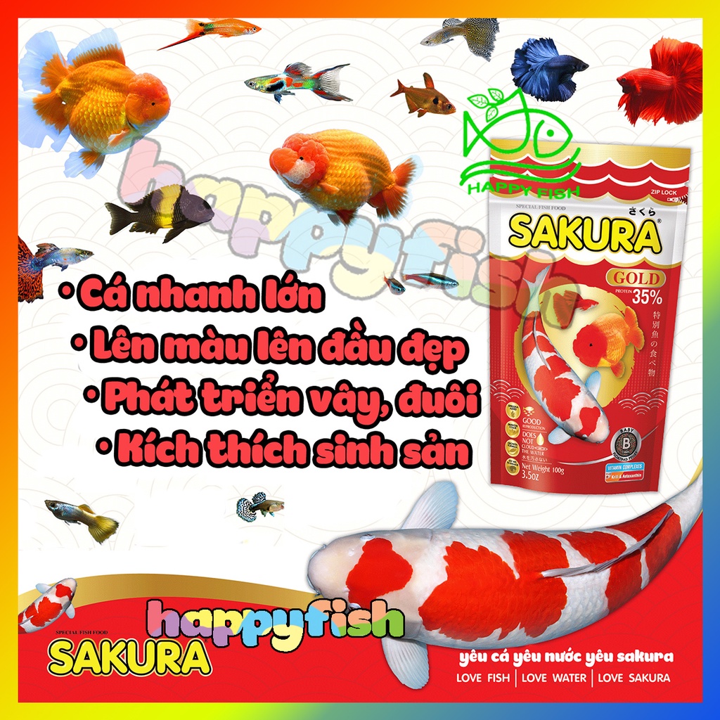 Thức ăn cá Sakura Gold - Cám cá Sakura Gold Túi 500gr 100gr, Size hạt M S B