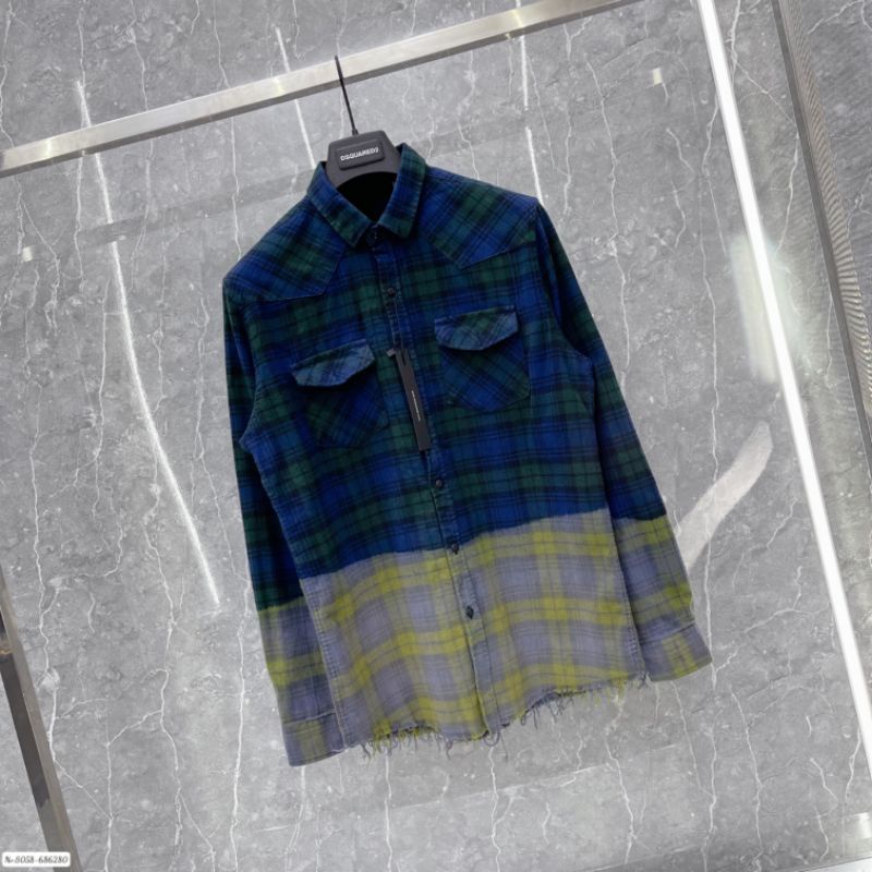 Áo sơ mi nam bbr rách gấu loang màu tay dài kẻ sọc caro chất liệu cotton không phai màu thấm hút mồ hôi