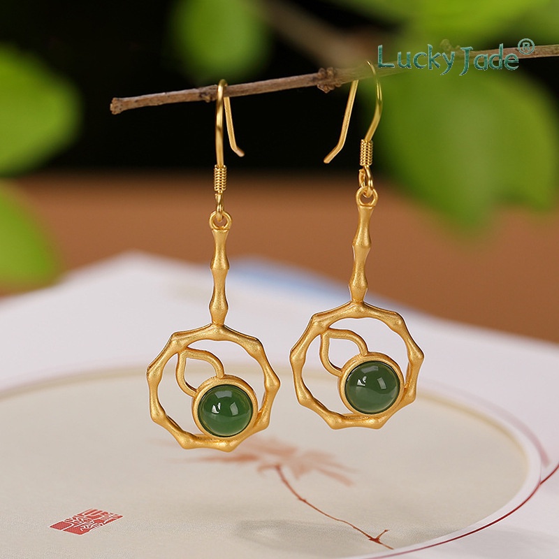 Khuyên Tai Tròn Mạ Bạc s925 Đính Hạt Ngọc Bích Trắng Phong Cách Cổ Điển Thời Trang