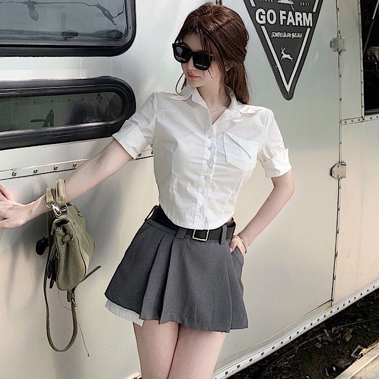 Áo Sơ Mi Ngắn Tay Ôm Eo Có Cổ Thời Trang Dành Cho Nữ